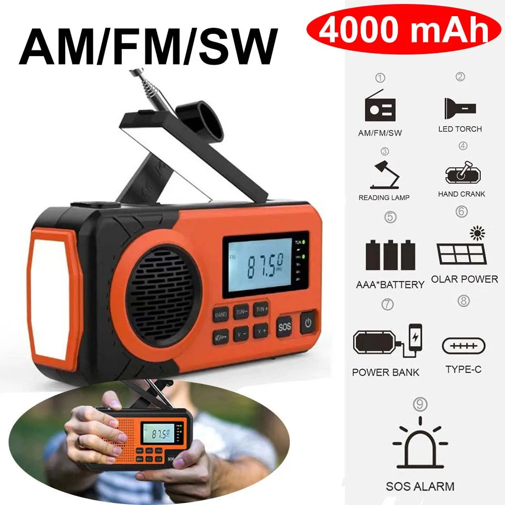 4000mAh Portable Emergency Solar Power Radio Hand Crank Charging AM/FM Weather Radio Led Reading Flashlight Bank Phone Charger