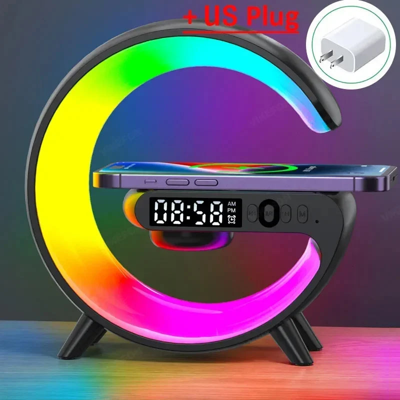 Multifunction Wireless Charger Stand Bluetooth Audio RGB Night Light 15W Fast Charging Station for iPhone Samsung Xiaomi Huawei