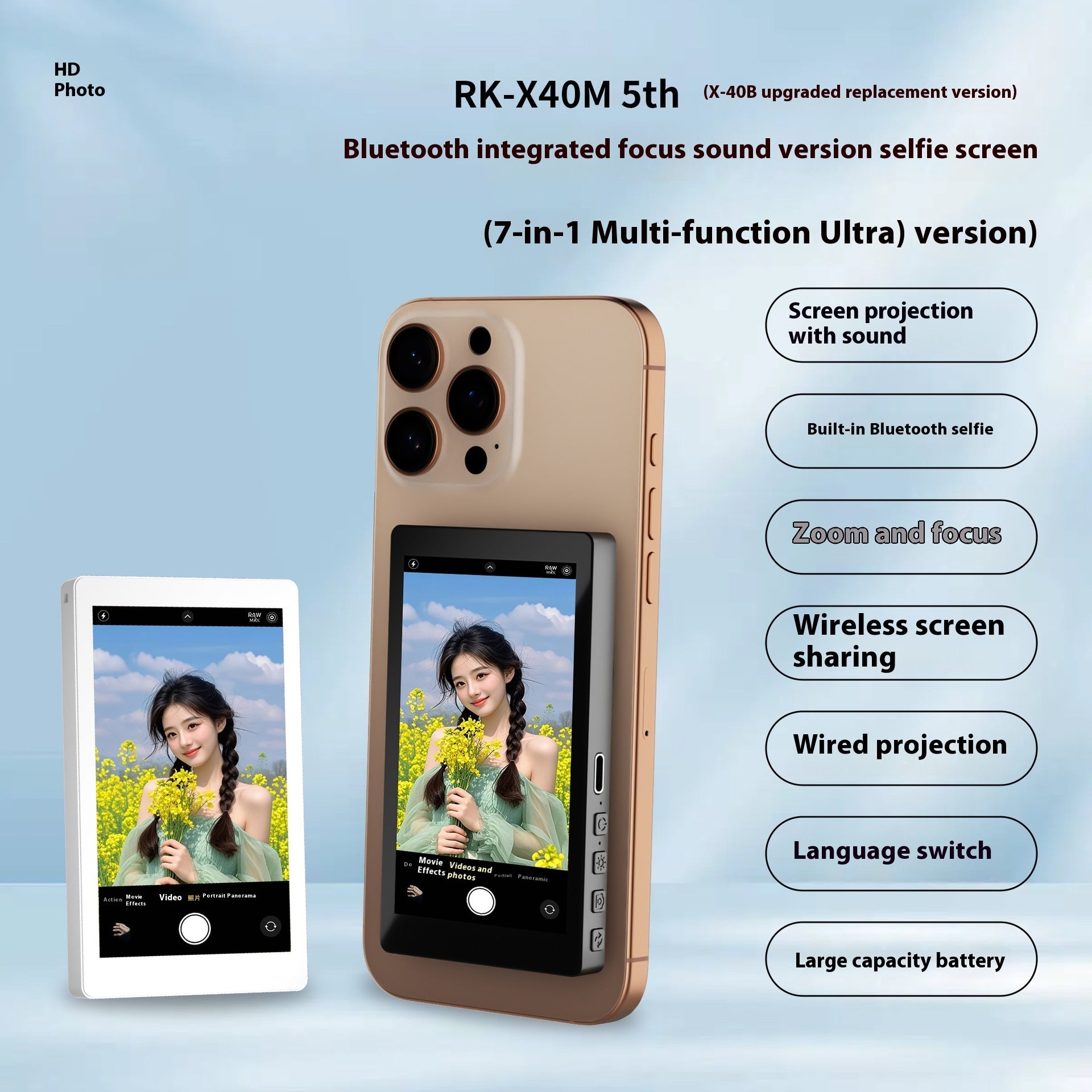 Selfie-Snap Magnetic Phone-Mounted Selfie Screen – Audio, Zoom & Touch Display