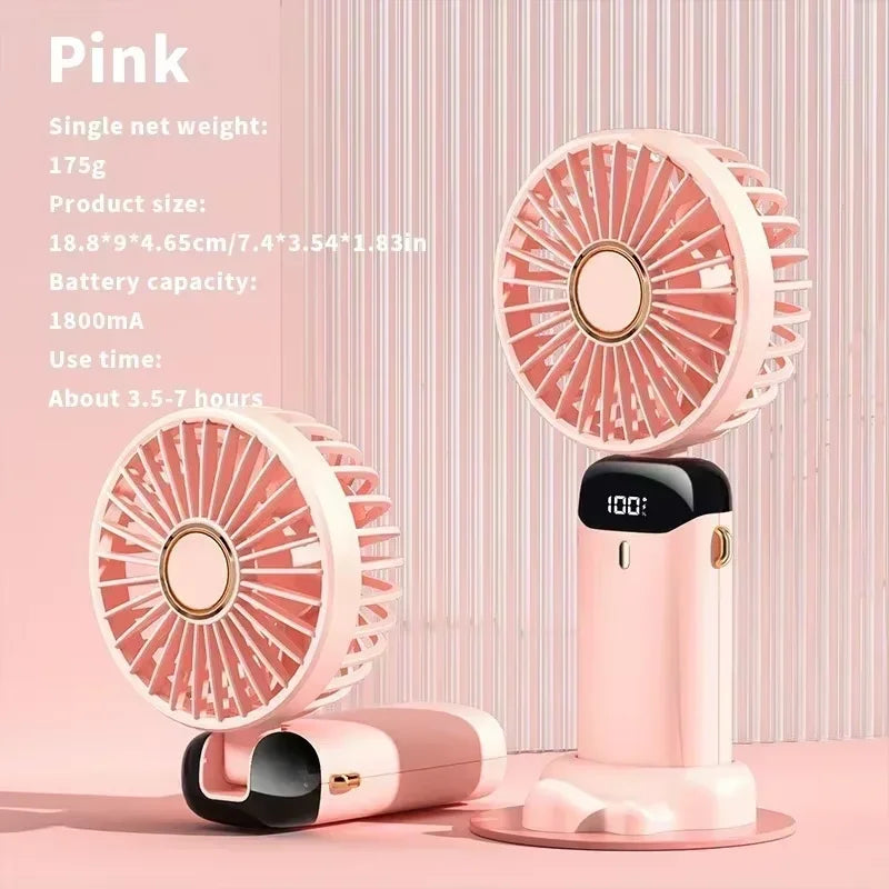 Mini Foldable Fan Portable 5 Speed Small Desk Fan Base Rechargeable Handheld Fan With Phone Stand and Display Screen