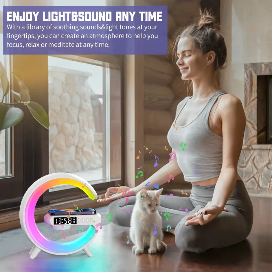 Multifunction Wireless Charger Stand Bluetooth Audio RGB Night Light 15W Fast Charging Station for iPhone Samsung Xiaomi Huawei