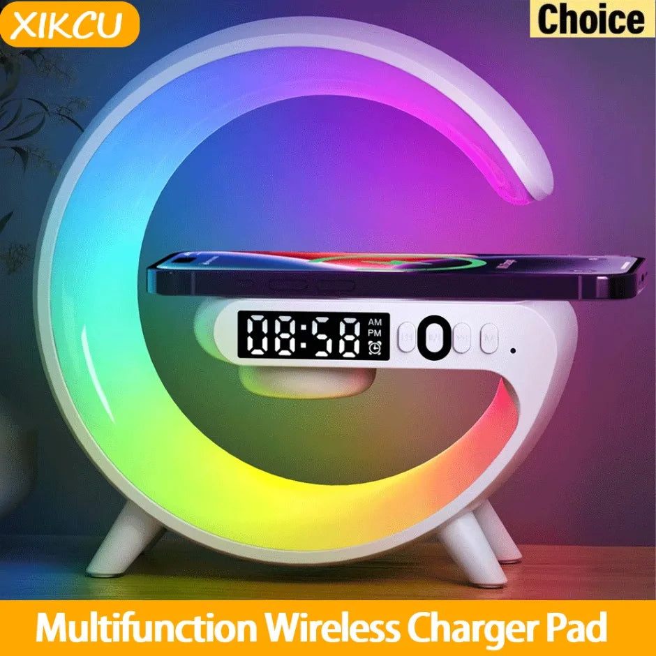 Multifunction Wireless Charger Stand Bluetooth Audio RGB Night Light 15W Fast Charging Station for iPhone Samsung Xiaomi Huawei