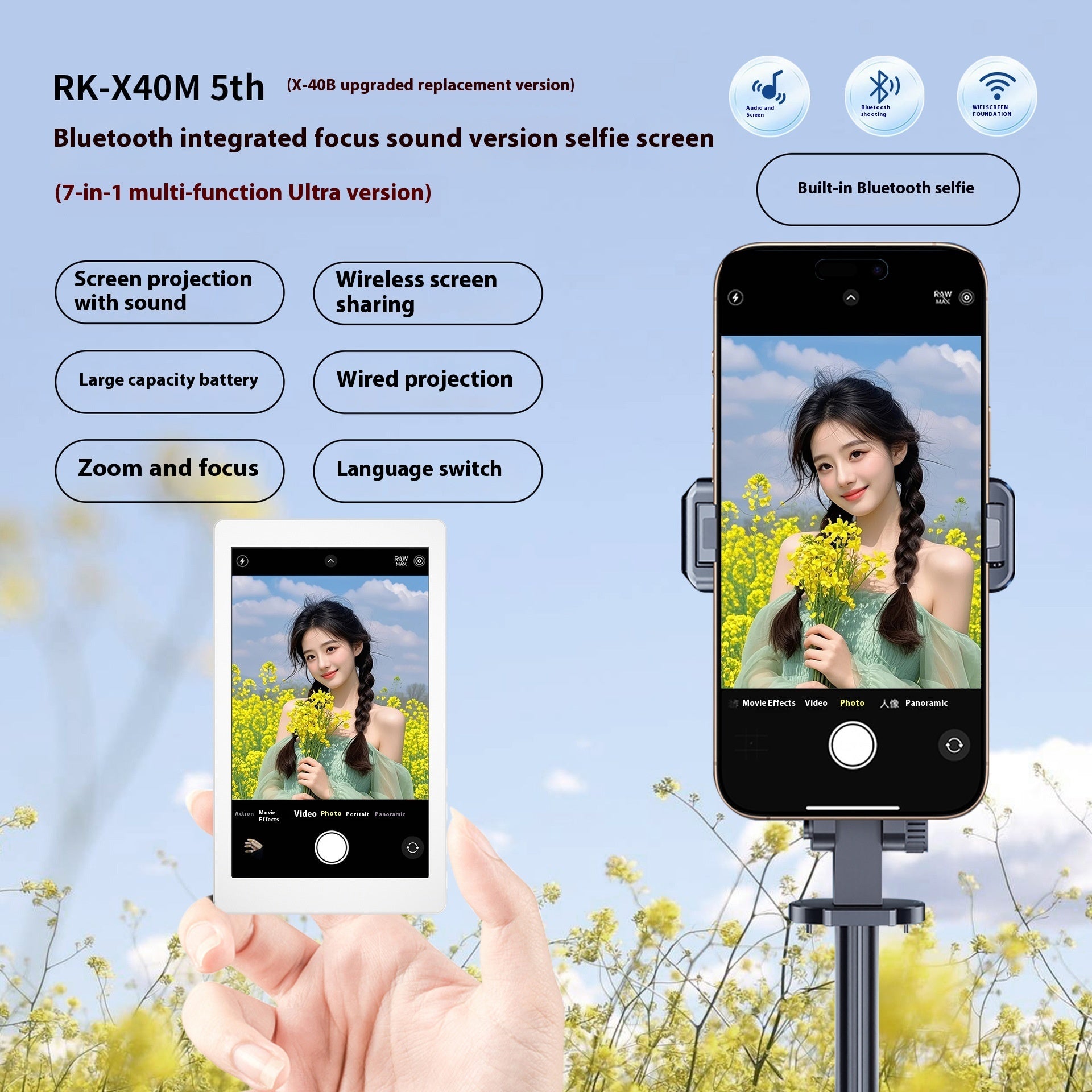 Selfie-Snap Magnetic Phone-Mounted Selfie Screen – Audio, Zoom & Touch Display