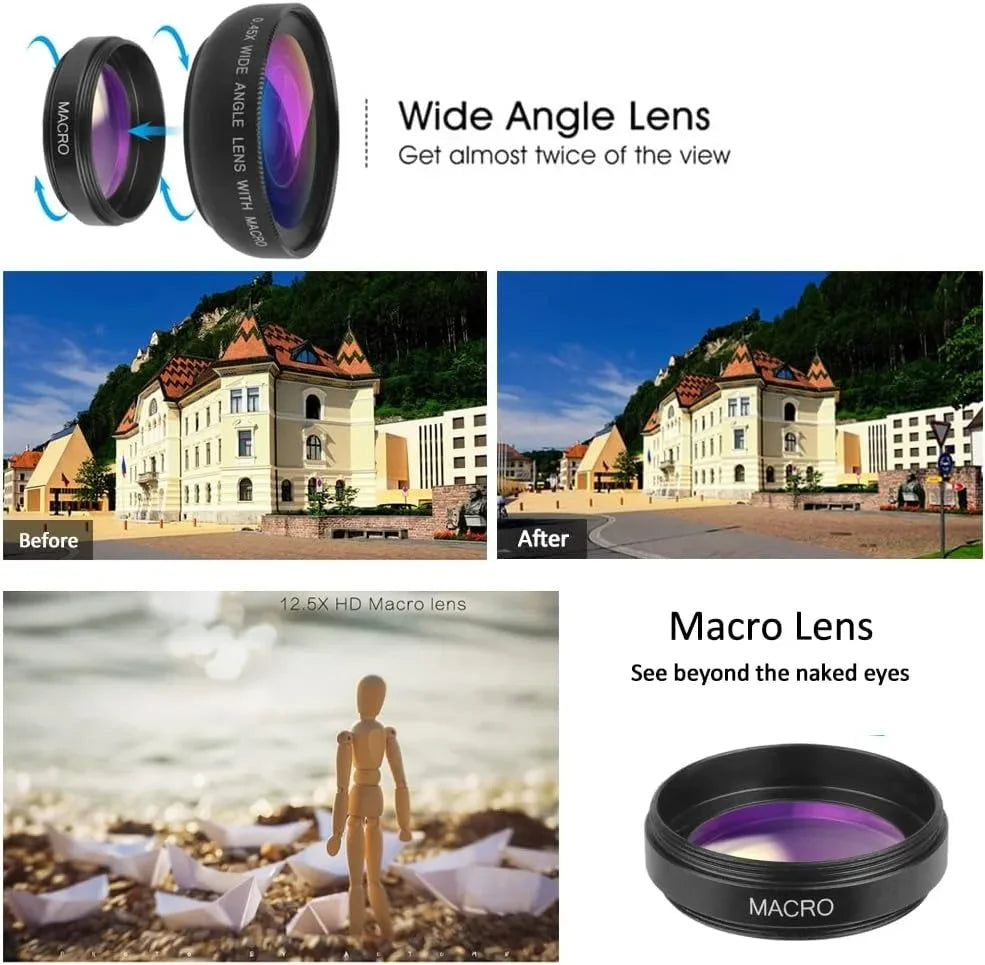 37mm Mobile Phone Lens Professional 0.45X 49uv Super Wide-Angle + Macro HD Lens For iPhone Android 2 IN 1 Lens Universal Clip
