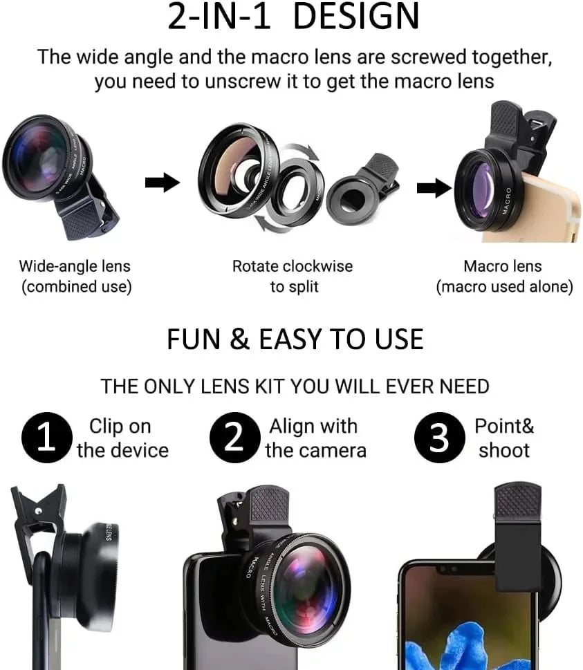 37mm Mobile Phone Lens Professional 0.45X 49uv Super Wide-Angle + Macro HD Lens For iPhone Android 2 IN 1 Lens Universal Clip
